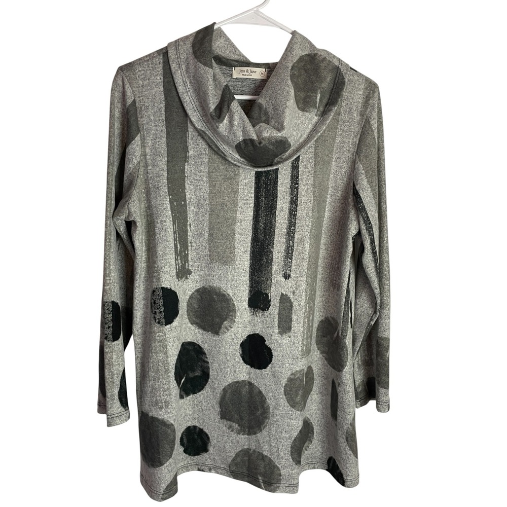 Jess & Jane Womens Abstract Tunic Size M Gray Fleece Cowl Neck Polka Dot